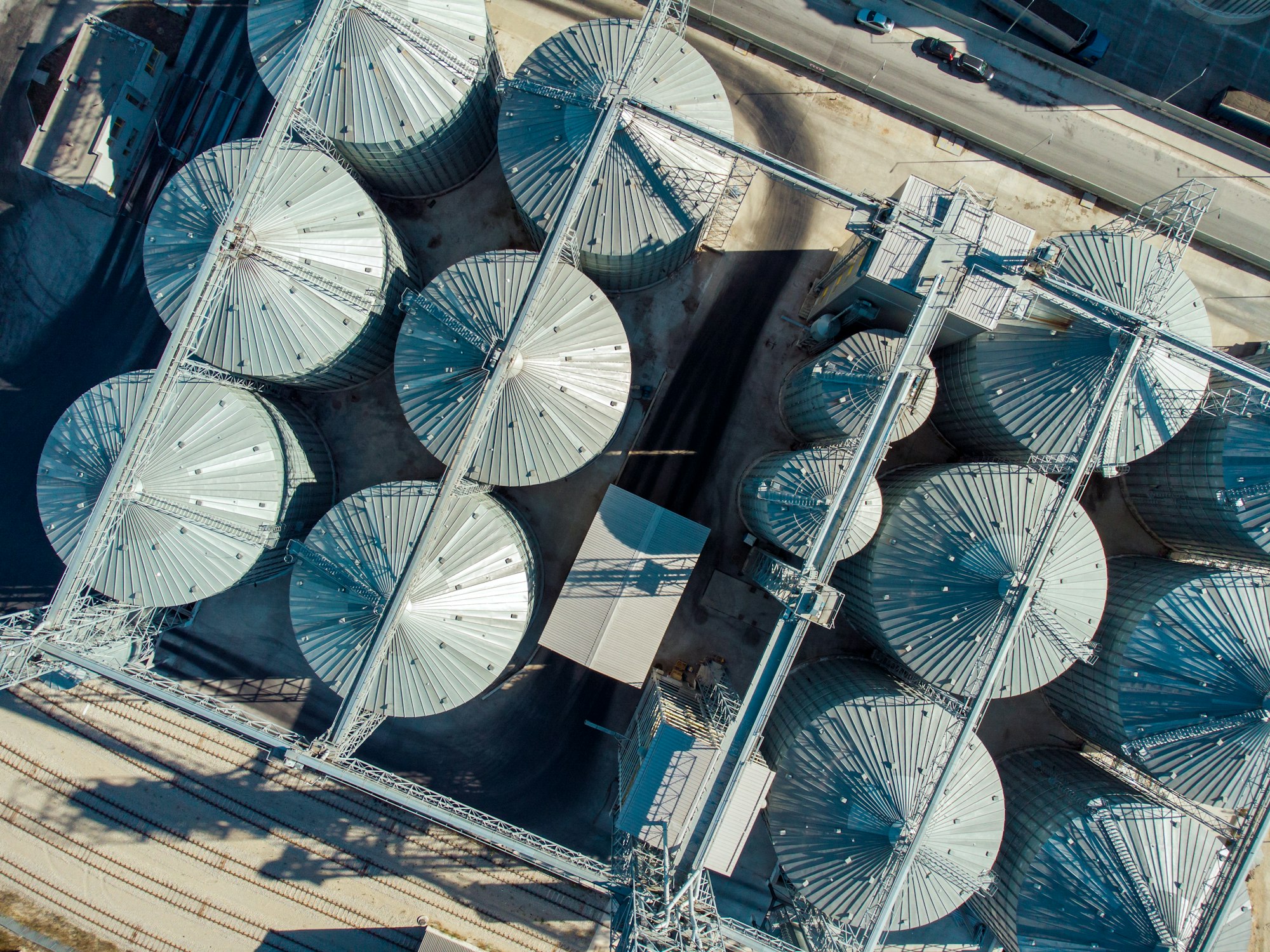 Grain Storage Silos aerial top view